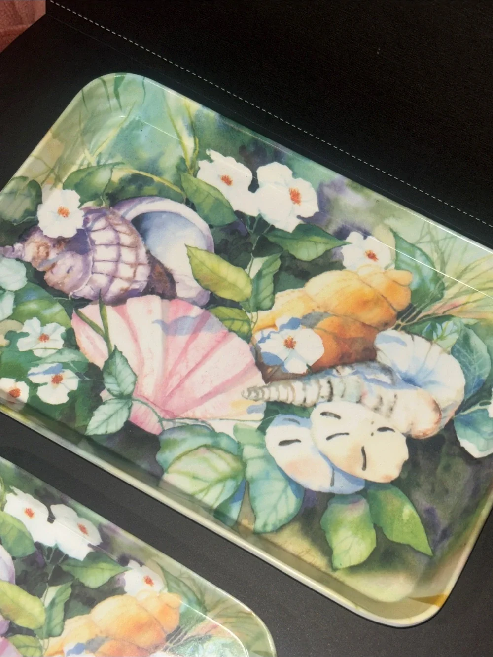 2 Vintage Italian tray set ocean shell floral botanical colorful trinket trays